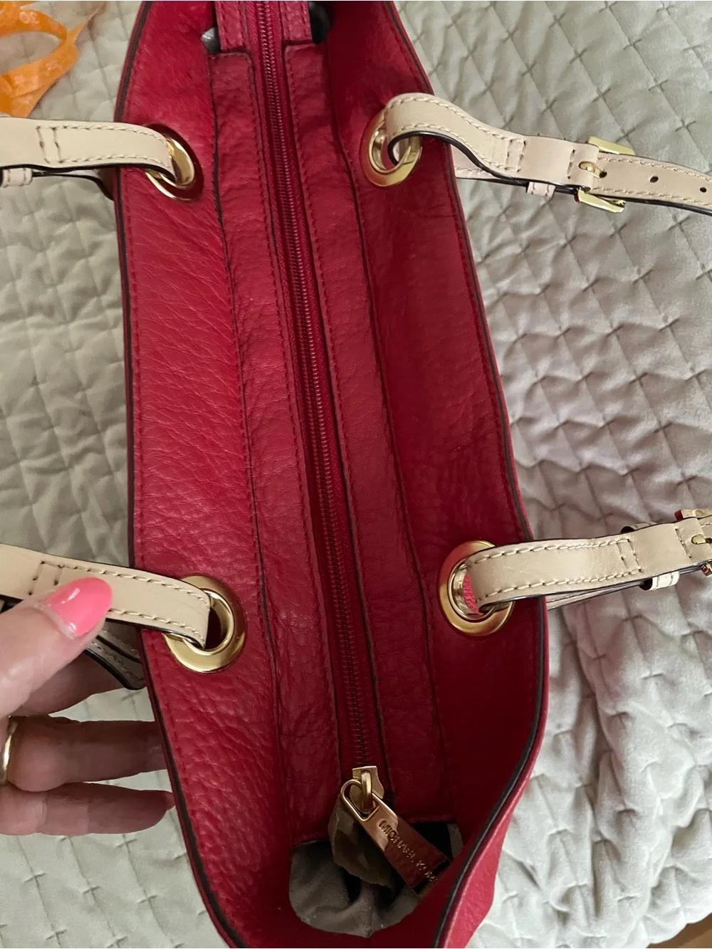 MICHAEL KORS Red Leather Tote with Beige Handles